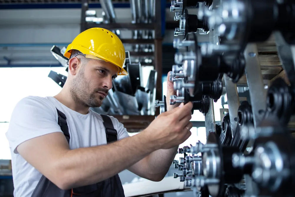 Inspector examining machined components on a production line